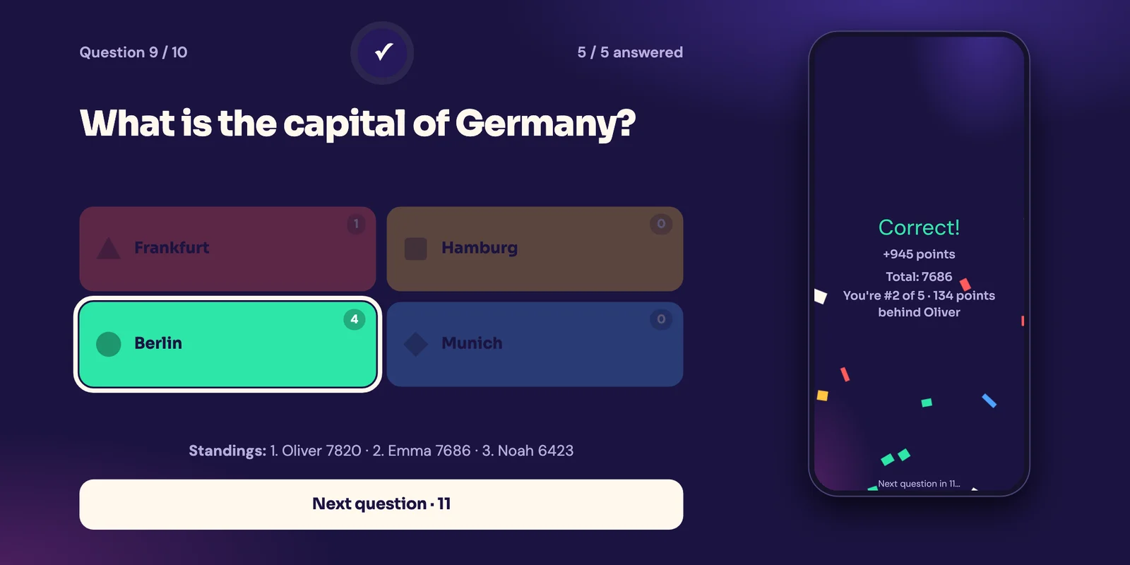 Pling host screen with a player's phone showing a correct answer
