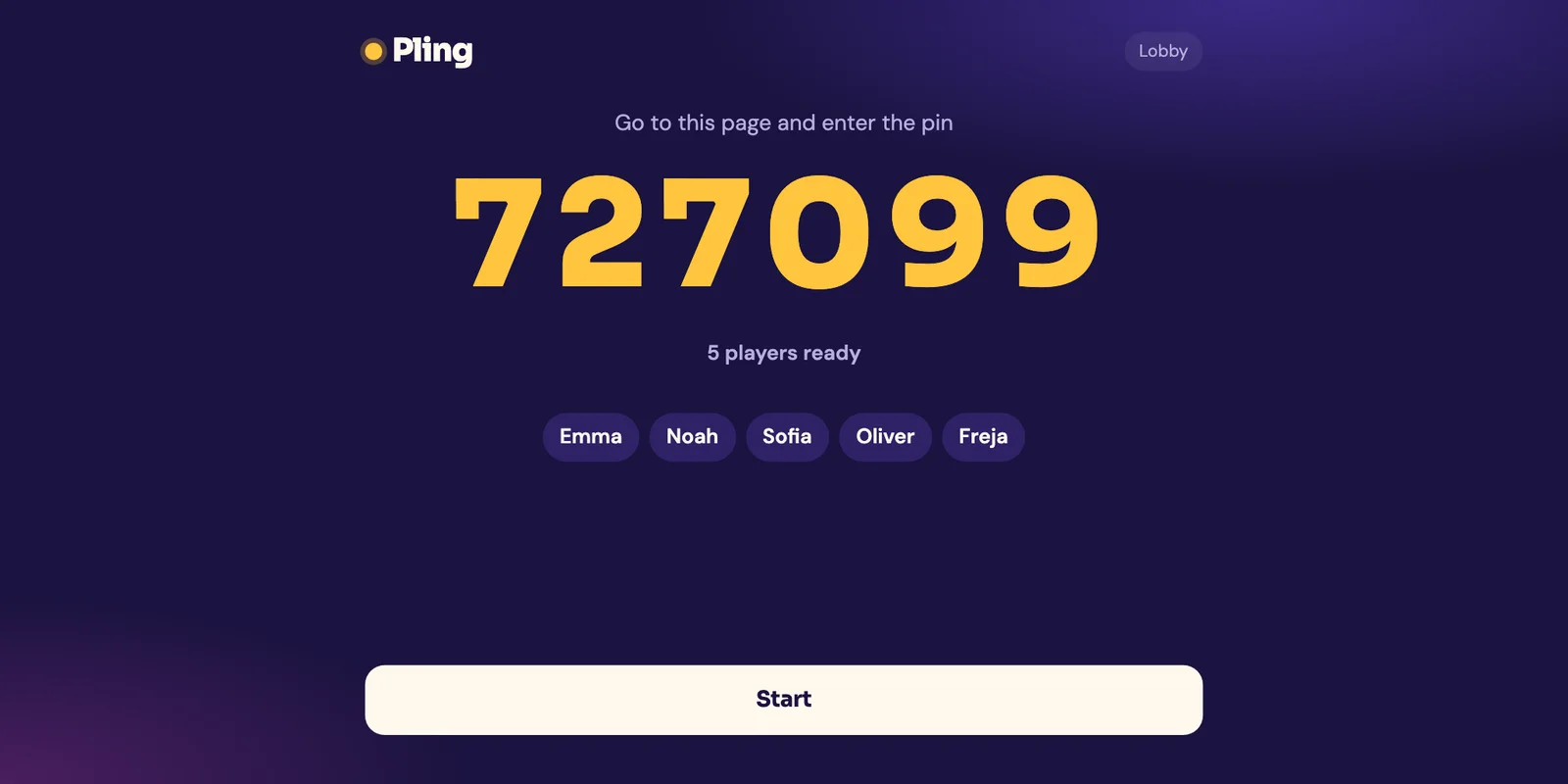 The lobby showing the pin and the players who have joined