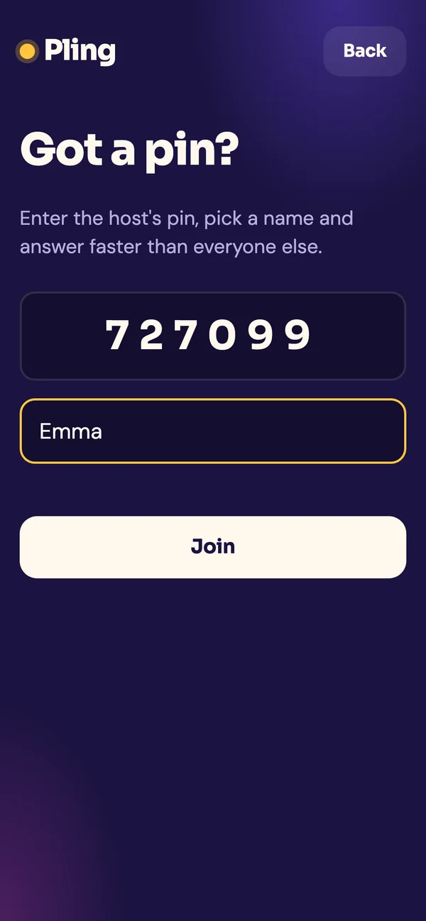 Joining a quiz with a pin and a name