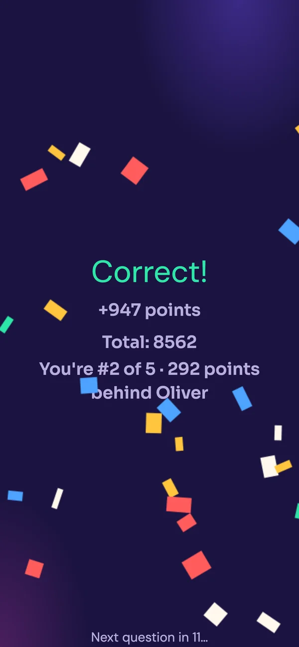 Correct answer with confetti and points